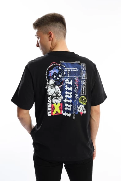 Erkek Oversize Fit Future Baskılı Basic Tişört Siyah ürün görseli 1