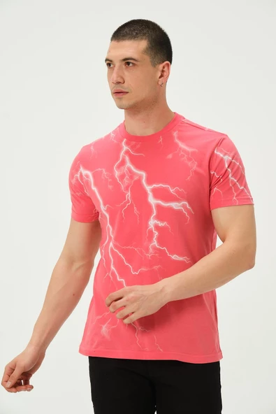 Erkek Şimşek Baskılı Regular Fit Tişört Rose Red - Resim 3