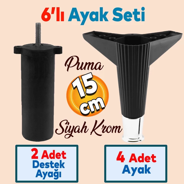 Elista 6'lı Set Mobilya Tv Ünitesi Yükseltici M8 Civatalı Destek Ayağı Ayakları 15 Cm Siyah Krom ürün görseli 1