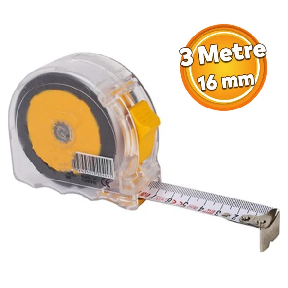 Şerit Metal Bükülebilir Metre 3 m x 16 mm Şeffaf  Renk Düğmeli Ölçüm Ölçme Plastik Kasalı ürün görseli 1