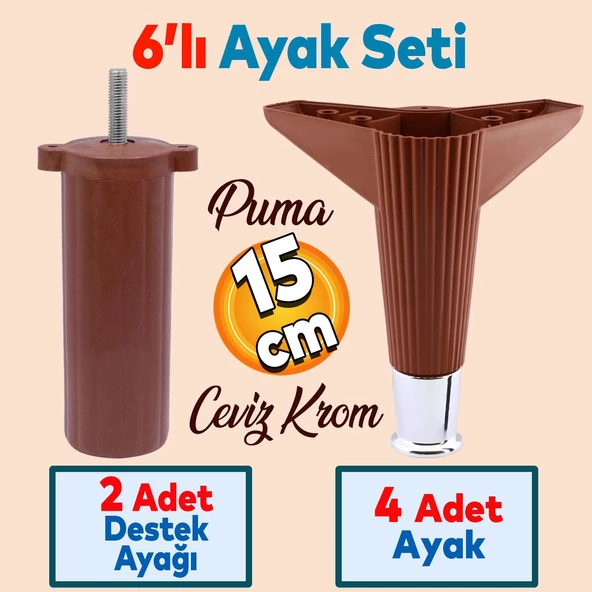Elista 6'lı Set Mobilya Tv Ünitesi Yükseltici M8 Civatalı Destek Ayağı Ayakları 15 Cm Ceviz Krom ürün görseli 1