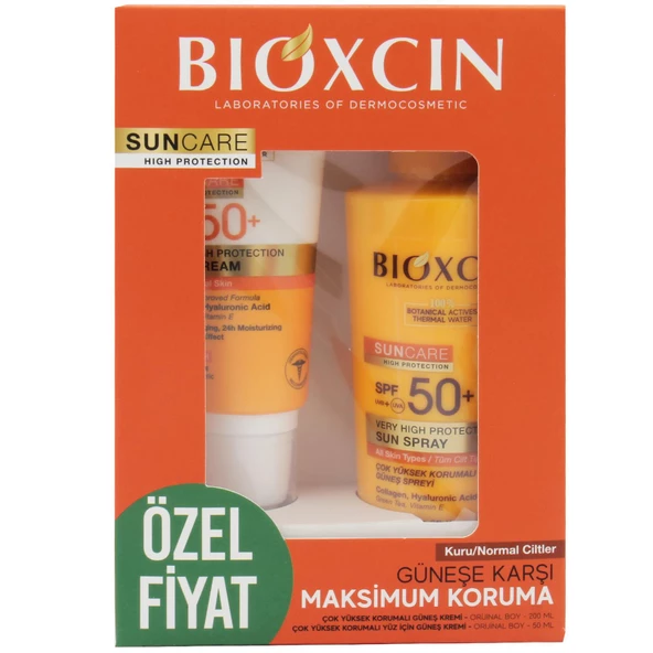 Bioxcin Spf 50+ Kuru/Normal Ciltler İçin Güneş Kremi 50 ml + Tüm Ciltler İçin Güneş Spreyi 200 ml Set ürün görseli 1
