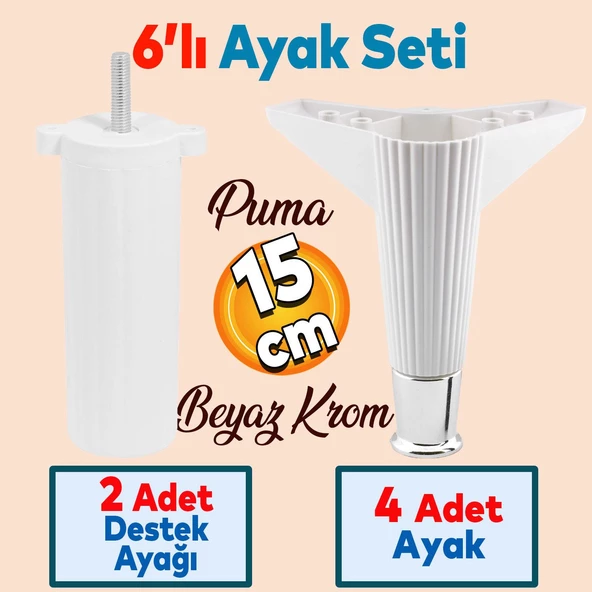 Elista 6'lı Set Mobilya Tv Ünitesi Yükseltici M8 Civatalı Destek Ayağı Ayakları 15 Cm Beyaz Krom ürün görseli 1