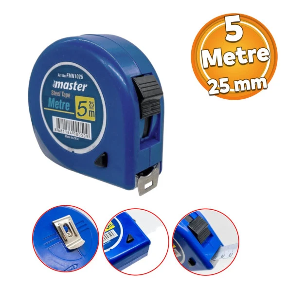 Şerit Metal Bükülebilir Metre 5 m x 25 mm Soft Mavi Renk Düğmeli Ölçüm Ölçme Plastik Kasalı ürün görseli 1