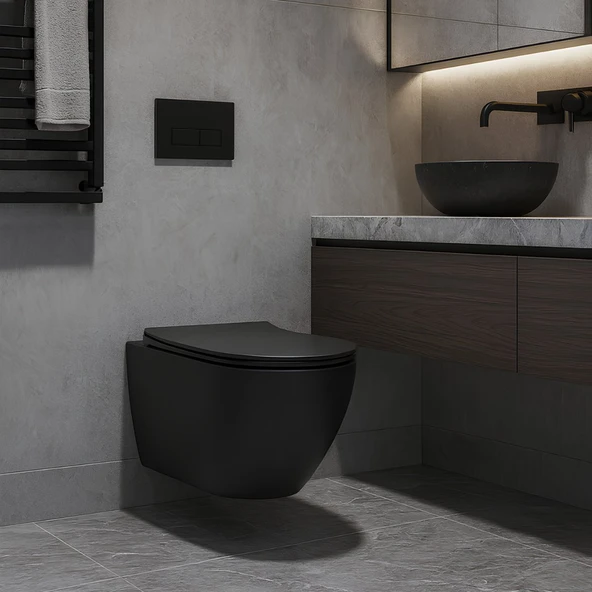 Turavit Rondo Kanalsız Mat Siyah Asma Klozet RND5512B, Turavit Rondo Duroplast Yavaş Kapak ürün görseli 1