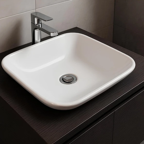 Bien Harmony Kare Tezgâh Üstü Batarya Deliksiz Beyaz Lavabo 43x43 Cm ürün görseli 1