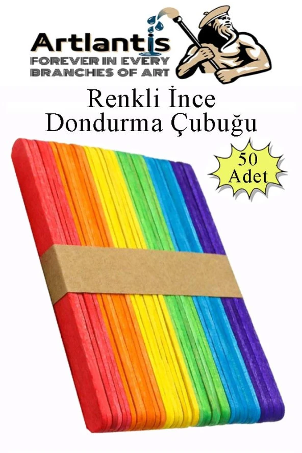 Renkli Dar Dil Çubuğu 50 Adet Ahşap Dondurma Çubuğu Renkli Maket Hobi Okul Proje Tasarım ürün görseli 1