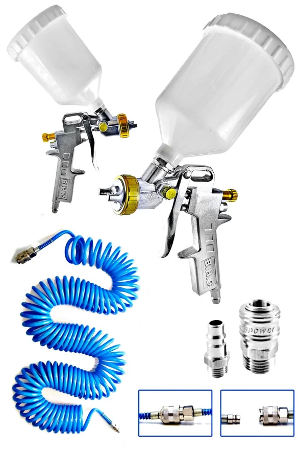 Havalı Üstten Depo 1,3mm  Boya Tabancası, Spiral Hava Hortumu15 mt Hava Jakı  Takım Set ürün görseli 1