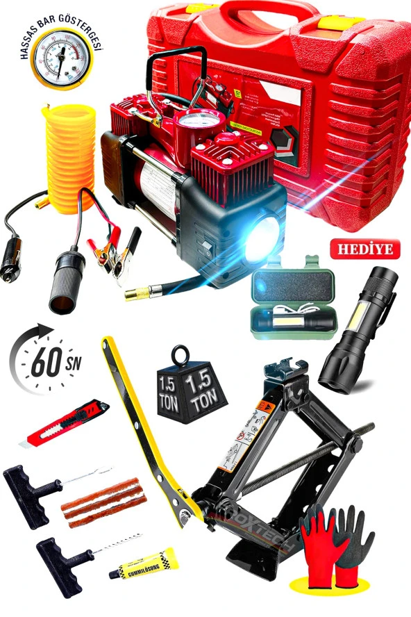 Combo  12V 150PSI Ağır Hizmet Çift Silindirli Çantalı Hava Kompresörü 1500KG  Cırcırlı Kriko Set ürün görseli 1