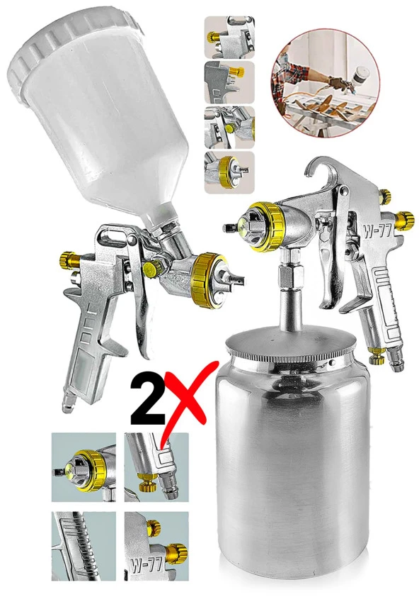 Profesyonel Havalı Üstten - Alttan Depolu 2li set 600 cc Boya Sprey Tabancası Paket Set ürün görseli 1