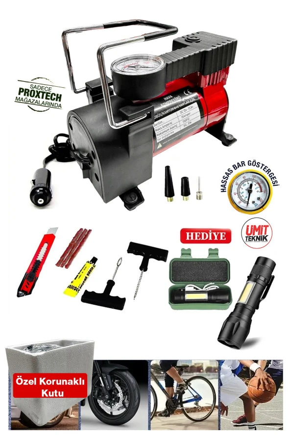 Premium Pratik 12 V Araba Oto Araç Lastik Şişirme Pompası 160 Psi Metal Gövde Kompresör Combo Set ürün görseli 1