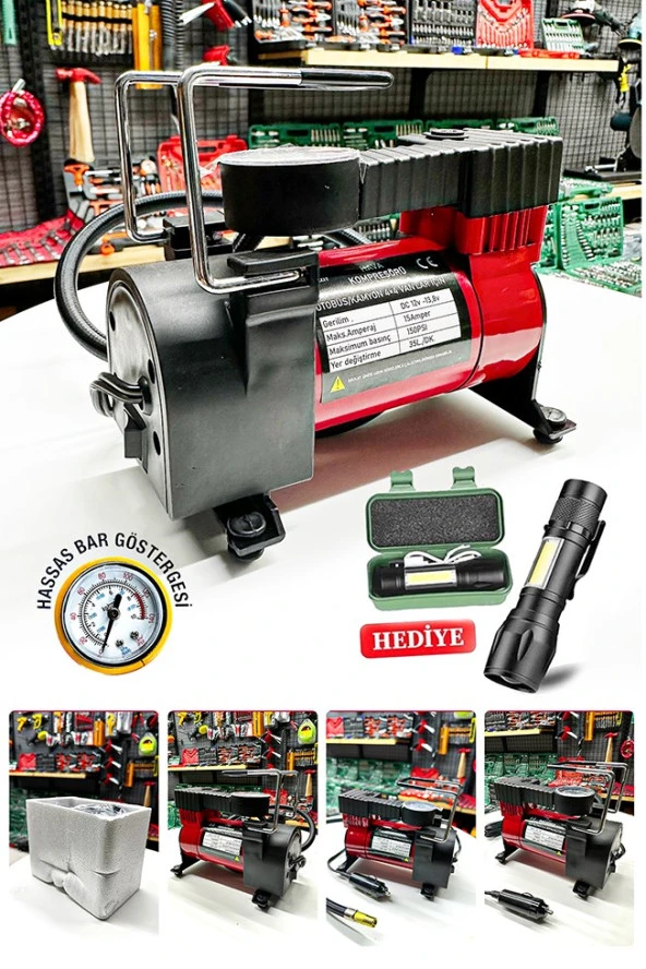 12 V Premium Araba Oto Araç Lastik Şişirme Pompası 160 Psi Metal Gövde Kompresör Combo Set ürün görseli 1