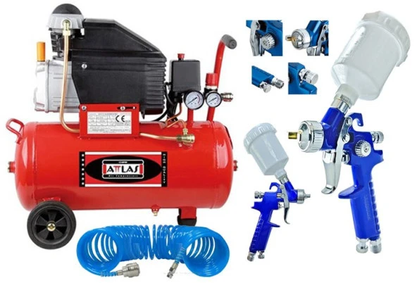 Attlas 50 Litre Hava Kompresörü ve Üstten Depolu Hava Boya Tabanca Seti Full Set ürün görseli 1