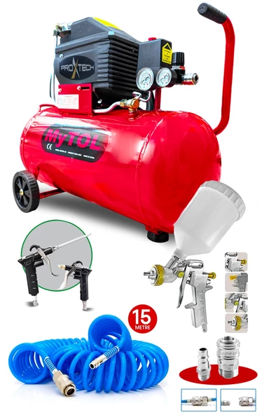 En Çok Tercih Edilen 2HP 50 Litre 8Bar Hava Kompresörü Boya Tabancası ,15Mt Spiral Hortum Boya Set ürün görseli 1