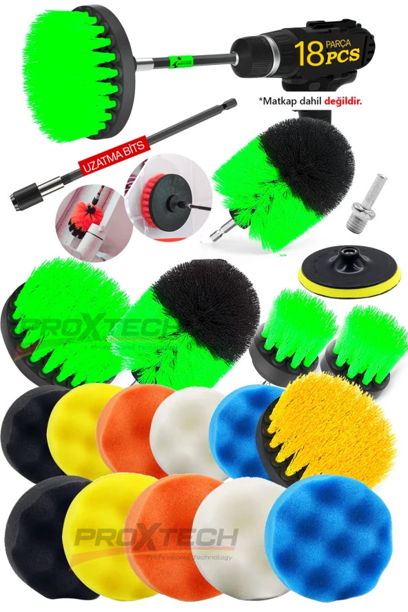 PROXTECH Combo Profesyonel Temizlik 18Parça Pasta Cila Polisaj Süngeri Matkapa Uyumlu Fırça Seti Parlatma Kit ürün görseli 1
