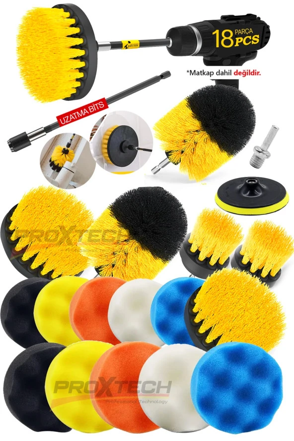 PROXTECH Combo Profesyonel Temizlik 18Parça Pasta Cila Polisaj Süngeri Matkapa Uyumlu Fırça Seti Parlatma Kit ürün görseli 1