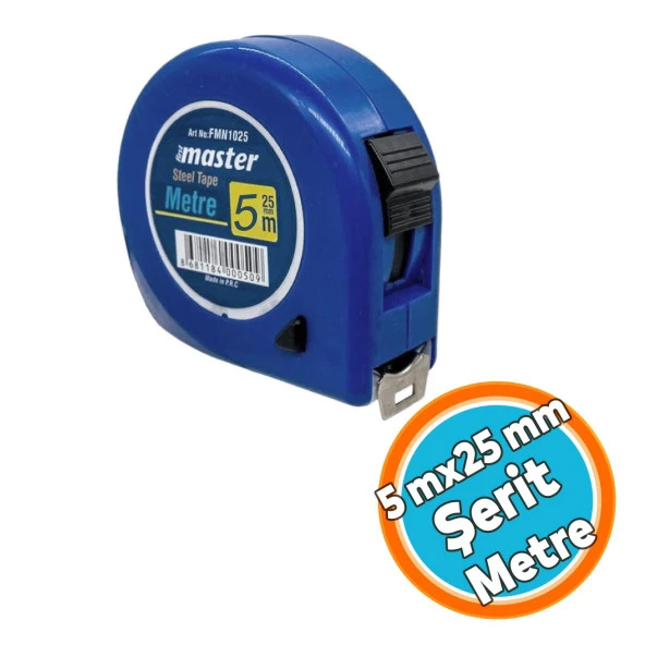 Şerit Metal Bükülebilir Metre 5 m x 25 mm Soft Mavi Renk Düğmeli Ölçüm Ölçme Plastik Kasalı ürün görseli 1