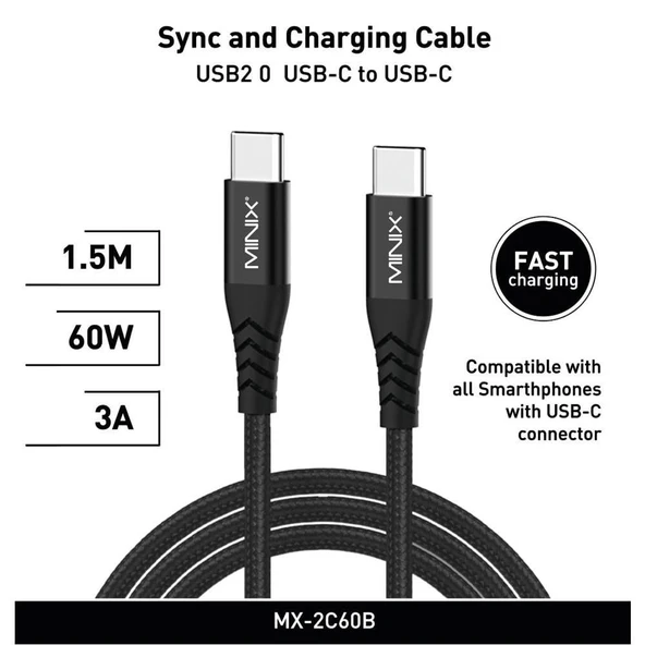 Minix Mx-2C60W Usb-C To Usb-C 150Cm Siyah Kablo ürün görseli 1