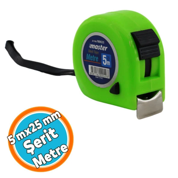 Şerit Metre 5 m x 25 mm Yeşil Renk Düğmeli Ölçüm Ölçme Plastik Kasalı Klipsli ürün görseli 1