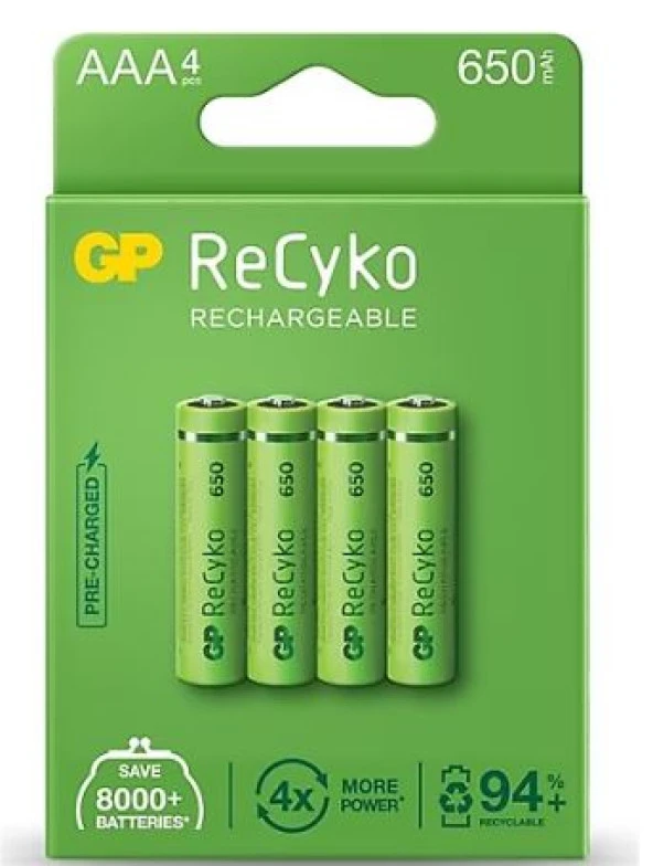 GP 650 Mah R03 AAA 4'Lü İnce Kalem Pil Şarj Edilebilir Pil ürün görseli 1