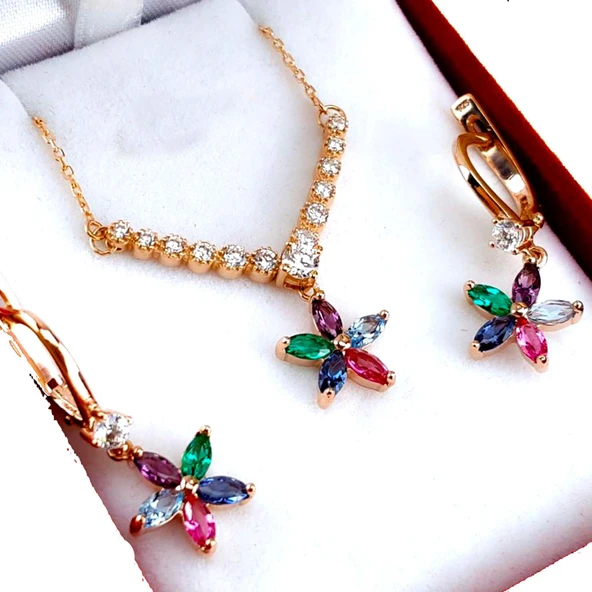 925 Ayar Gümüş Rose Renkli Çiçek Kolye Küpe Set ürün görseli 1
