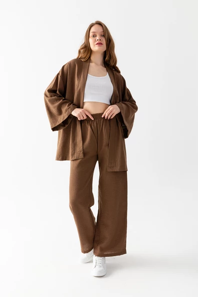 Zen Elegance Kadın Kimono Takım - Geniş Paça Keten Dokulu Alt Üst Yazlık Kadın Takım ürün görseli 1