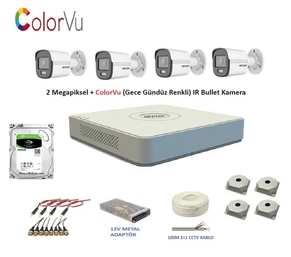 Hikvision 2mp 4 kameralı Dış ortam AHD HD-TVI ColorVu Gece Renkli Kamera Seti 500GB Disk ürün görseli 1