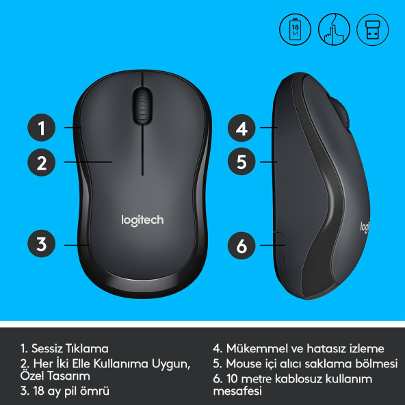 Logitech M220 Sessiz Kompakt Kablosuz Mouse - Siyah - Resim 6