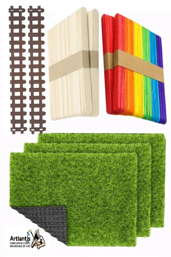Maket Yapım Seti A4 Suni Çim Renkli ve Naturel Dondurma Dil Çubuğu Maket Çim Yapay Çim Ahşap Dondurma Çubuğu ürün görseli 1