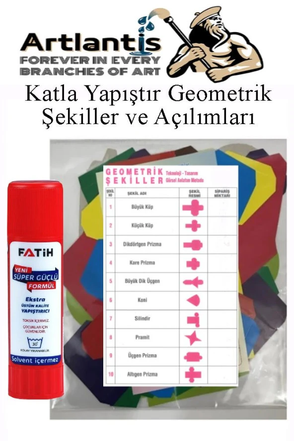 Katla Yapıştır Geometrik Şekiller Açılımları ve 20 Gr Fatih Stick Yapıştırıcı Geometrik Cisimler Proje Tasarım Okul Sınıf Materyali ürün görseli 1