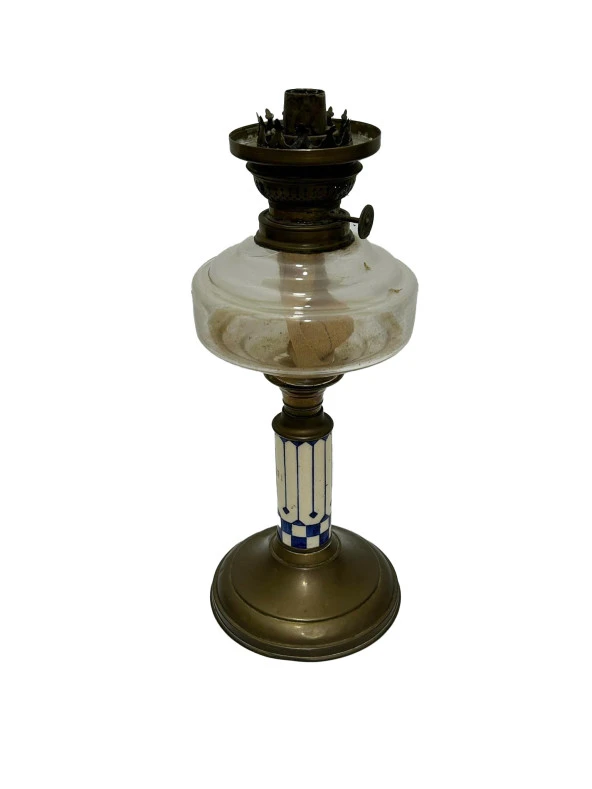 Antika Mermer ve Kristal Detaylı Pirinç Gaz Lambası 38 cm ürün görseli 1