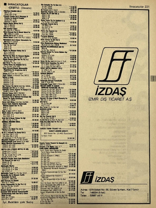 İzmir 1982-1983 Meslek Reklam İlanı Efemera S221 ürün görseli 1