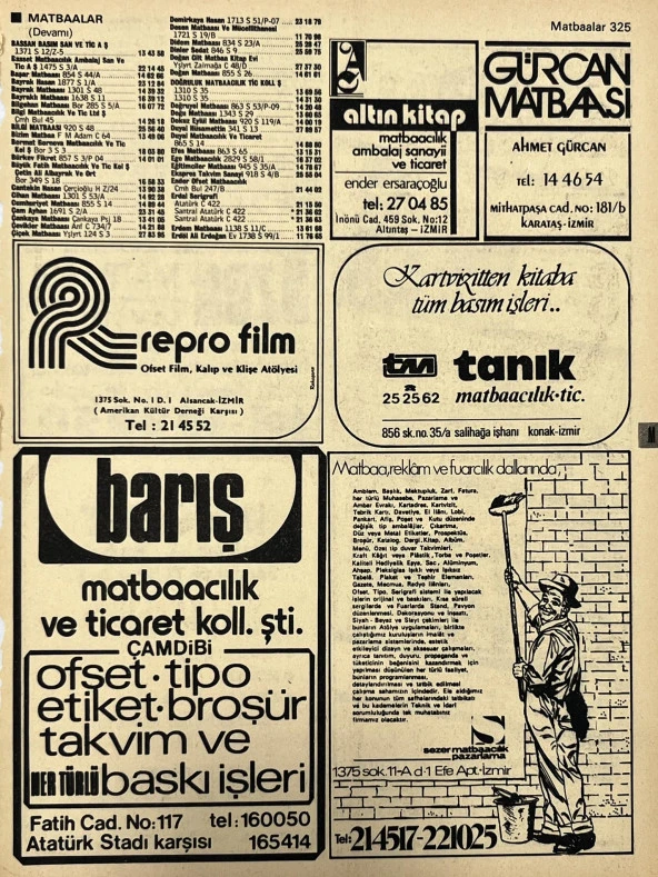 İzmir 1982-1983 Meslek Reklam İlanı Efemera S325 ürün görseli 1