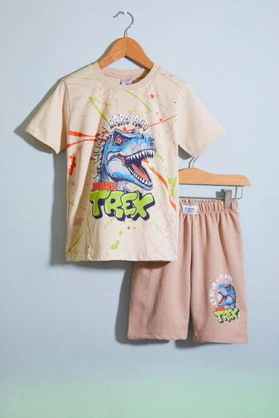 Krem T-rex Baskılı Yazılı Erkek Çocuk Şortlu Takım 18709 ürün görseli 1