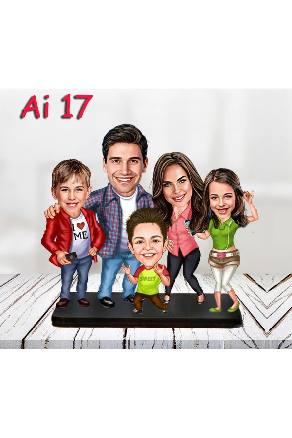 Özcan Tasarım Kişiye Özel Ahşap Biblo - Aile Karikatür Biblo - 5 Kişilik Aile Biblo 3 ürün görseli 1