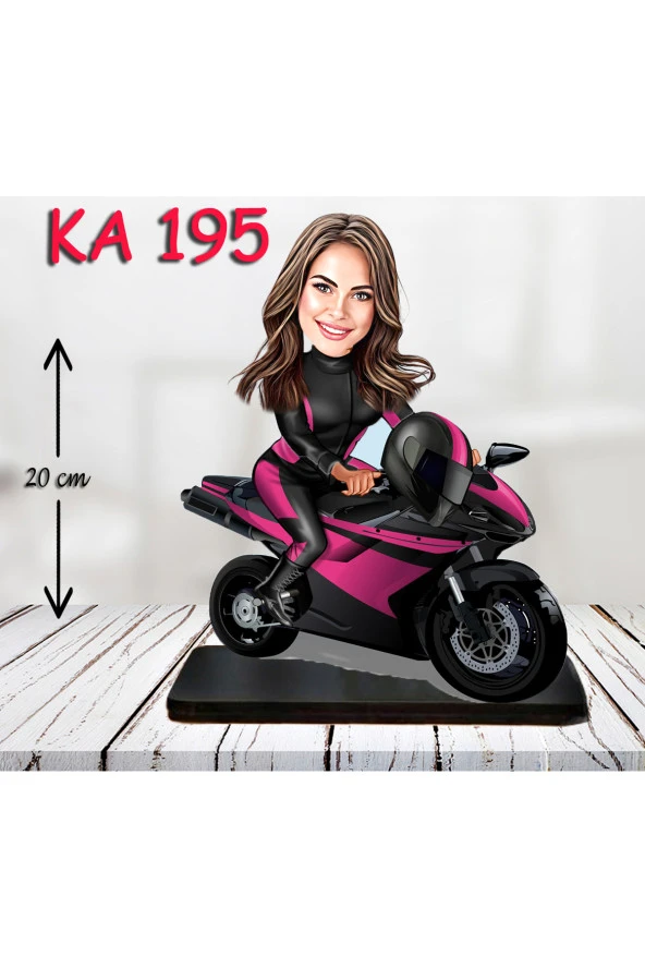 Özcan Tasarım Kişiye Özel Ahşap Biblo - Motor Kullanan Kadın Karikatür Biblo 2 ürün görseli 1