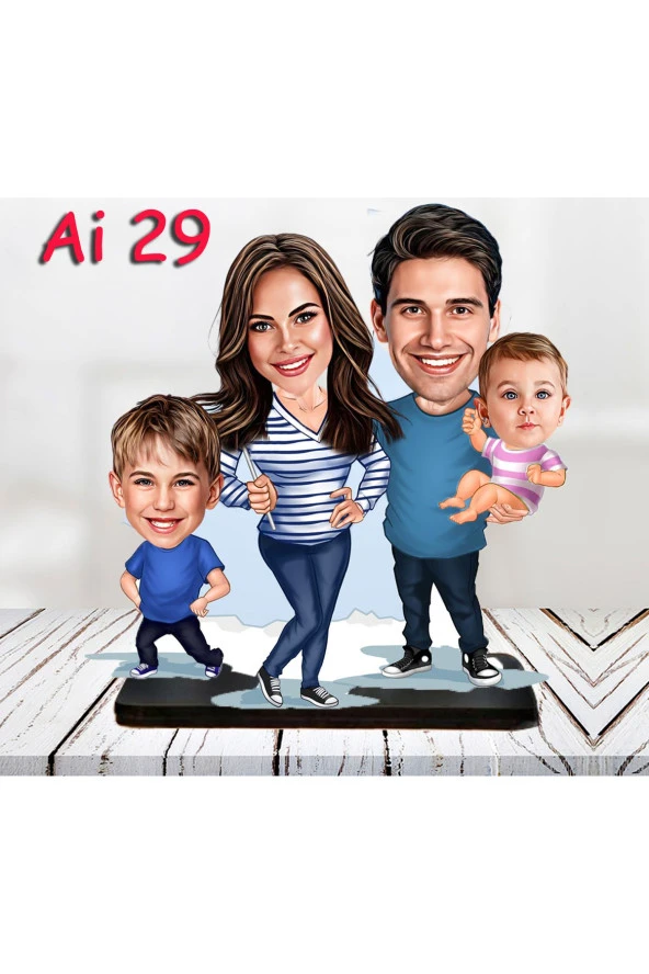 Özcan Tasarım Kişiye Özel Ahşap Biblo - Aile Karikatür Biblo - 4 Kişilik Aile Biblo 12 ürün görseli 1