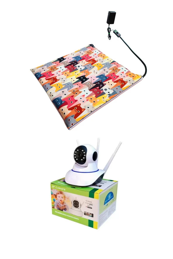 Powertec Evcil Hayvan İzleme Güvenlik Kamerası ve Isıtıcılı Kedi Köpek minderi set 45cmx45cm 12v ürün görseli 1