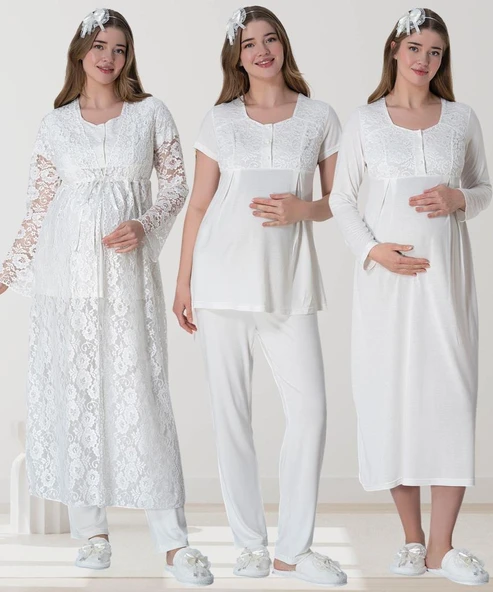 Mecit 6060 Bayan Ekru Sabahlık Gecelik Pijama Hamile Lohusa Set ürün görseli 1