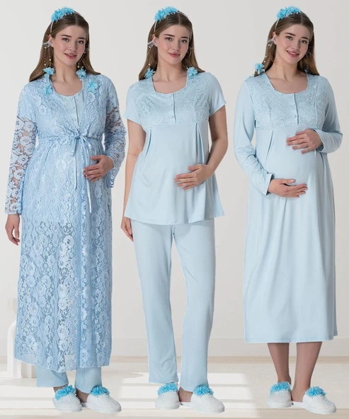Mecit 6060 Bayan Mavi Sabahlık Gecelik Pijama Hamile Lohusa Set ürün görseli 1