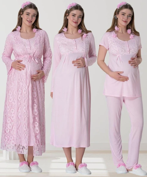 Mecit 6060 Bayan Pembe Sabahlık Gecelik Pijama Hamile Lohusa Set ürün görseli 1