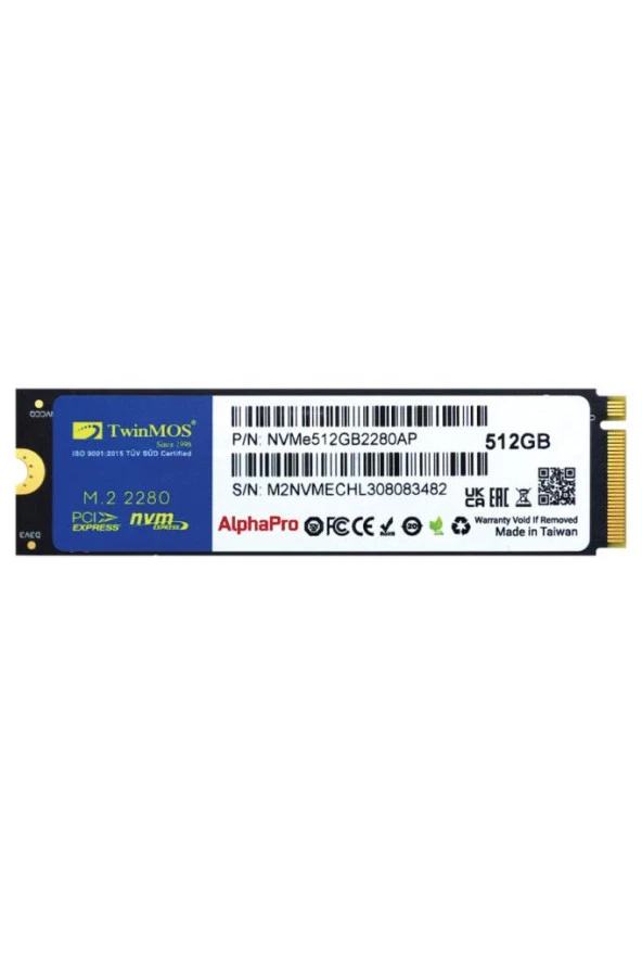 Twinmos NVMe512GB2280AP 512 GB M.2 PCIE Gen3 NVMe 3600-3250MB/s SSD ürün görseli 1