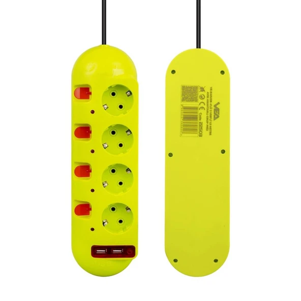 Vea VE-E40USB 4 lü 2 USB'li 1.5 Metre Ayrı Anahtarlı Grup Priz Uzatma Kablosu 3860 Watt 16 Amper ürün görseli 1