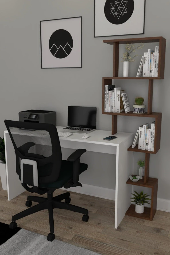 Moonlife Pratik Kitaplıklı Çalışma Masası Beyaz Ceviz 120x50 ürün görseli 1