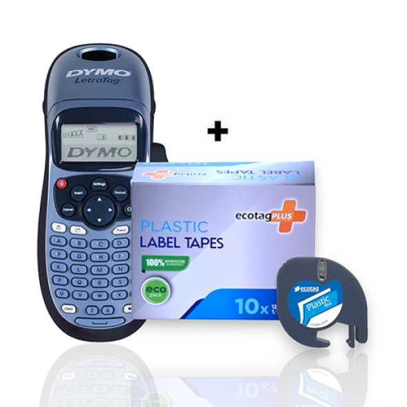 Dymo Letratag Etiket Yazcı ve 10 Adet Ecotagplus Şerit Etiket 12 mm x 4 mt Plastik Mavi ürün görseli 1