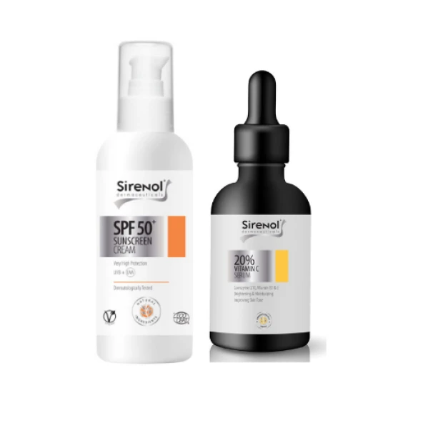 Sirenol Leke Karşıtı, Aydınlatıcı, Cilt Tonu Eşitleyici C Serum ve Güneş Kremi SPF50 Set ürün görseli 1