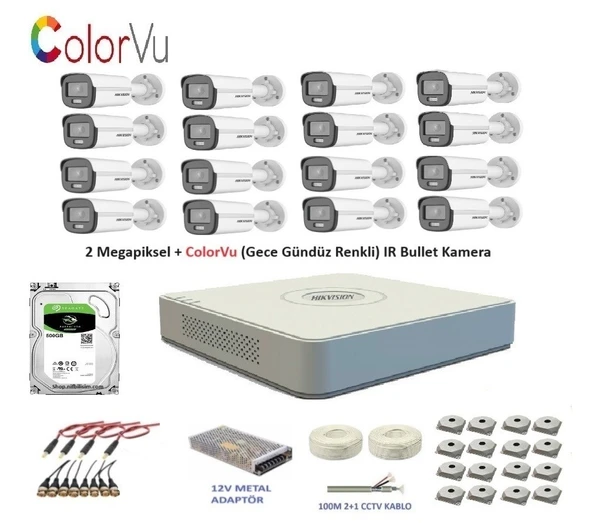 Hikvision 2mp 16 kameralı Dış ortam AHD HD-TVI ColorVu Gece Renkli Kamera Seti 500GB Disk ürün görseli 1