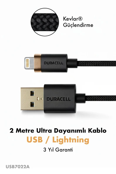 Duracell USB-A to Lightning Hızlı Şarj Kablosu 2 metre Kevlar Örgülü Dayanıklı Data Kablosu - Siyah ürün görseli 1