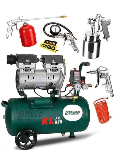 Klpro Sessiz Hava Kompresörü Klk50s 1 Hp 50 Lt 8 Bar Havalı Set Hediyeli ürün görseli 1