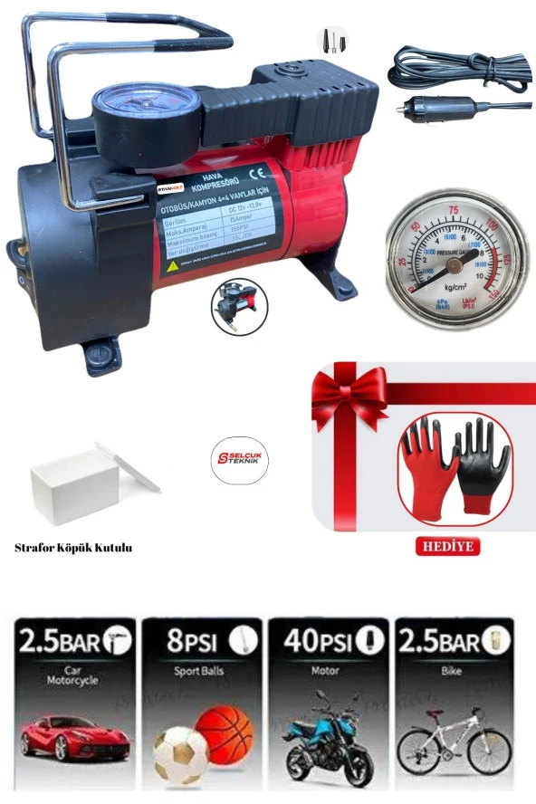 Araba Oto Araç Lastik Şişirme Pompası 150 Psi Metal Gövde Kompresör ürün görseli 1